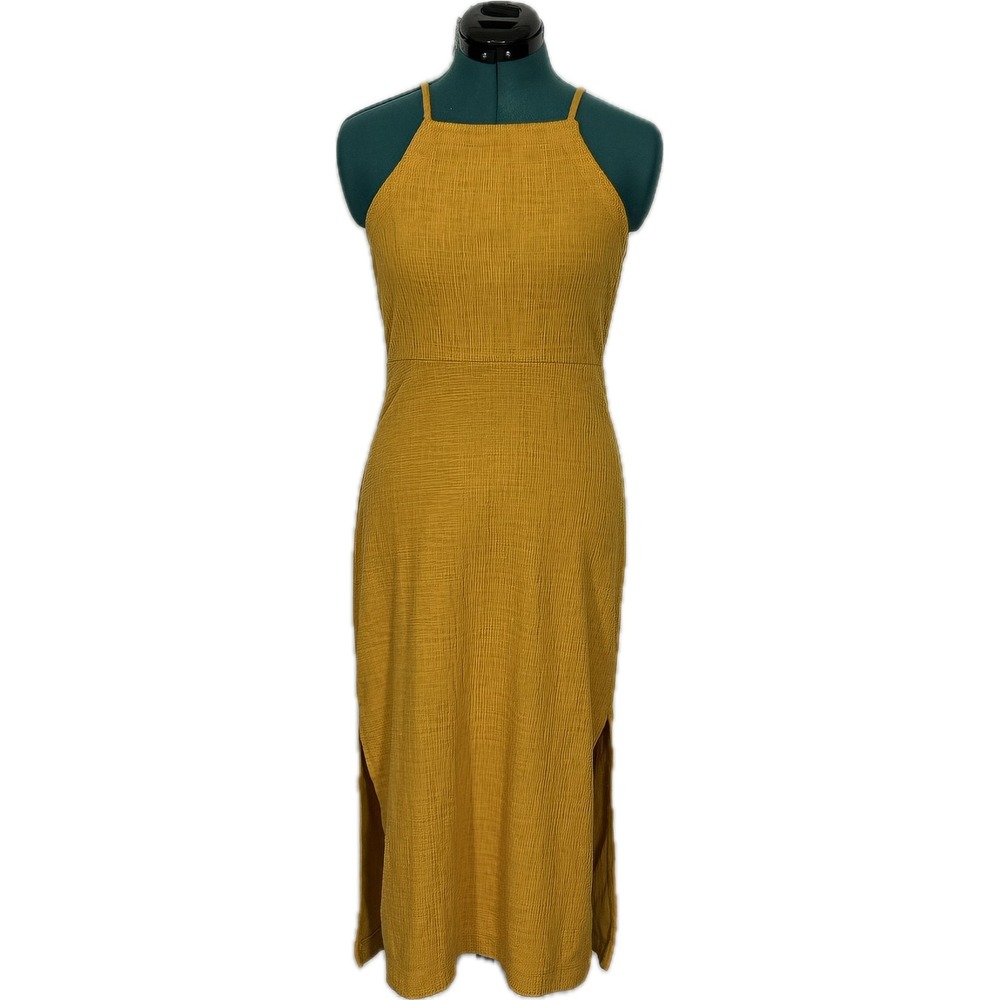 Madewell Knit Apron Cami Dress Small Midi High Neck Side Slits Tungsten Yellow